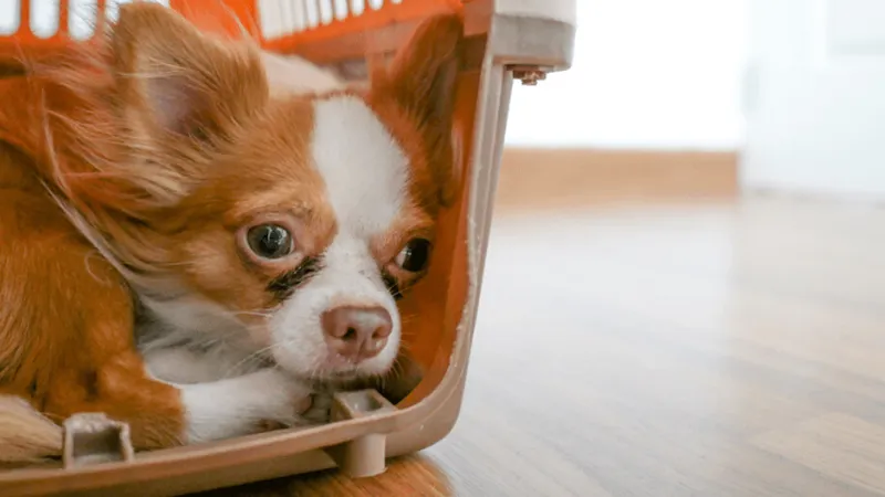 Chó con được dắt đi vệ sinh ngoài trời trên bãi cỏ