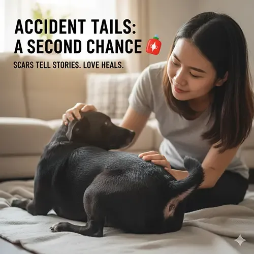 Người chủ đang ân cần chăm sóc và vuốt ve một chú chó bị cụt đuôi do tai nạn