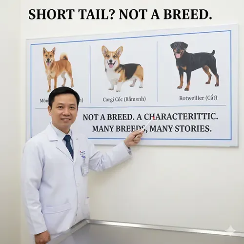 Bác sĩ thú y đang giải thích về các giống chó có đặc điểm đuôi cộc tự nhiên trên bảng minh họa