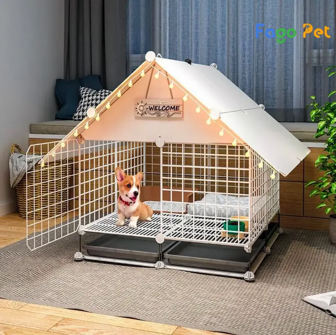 chuồng chó corgi lắp ghép màu trắng trong nhà