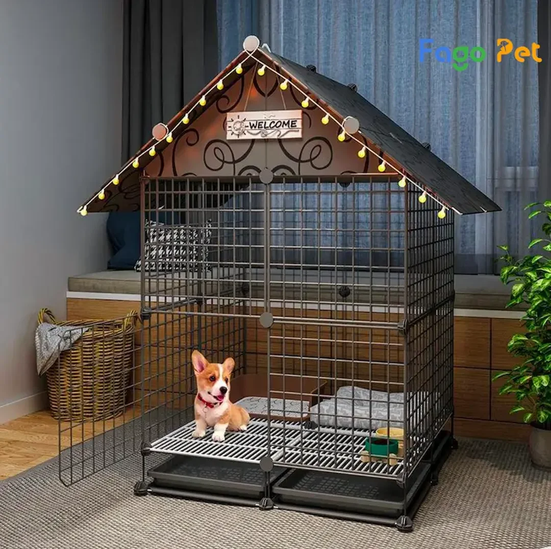 chuồng chó corgi sắt tĩnh điện lắp ghép màu đen