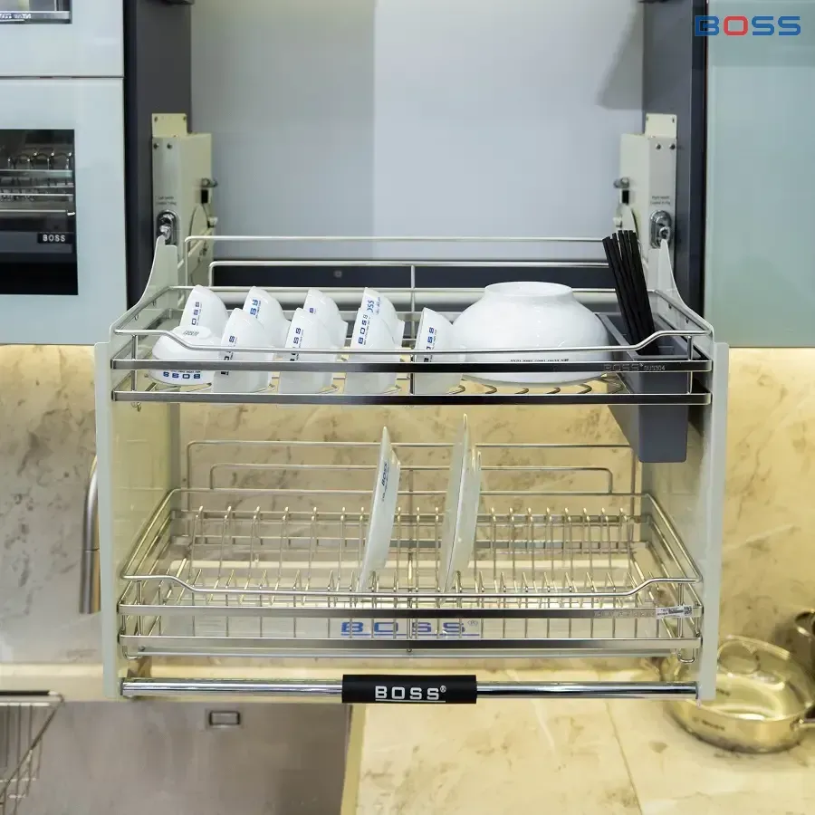 Giá bát đĩa di động dạng nan inox 304 mờ Boss