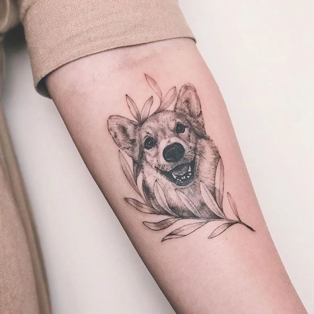hình xăm chó corgi phong cách line art