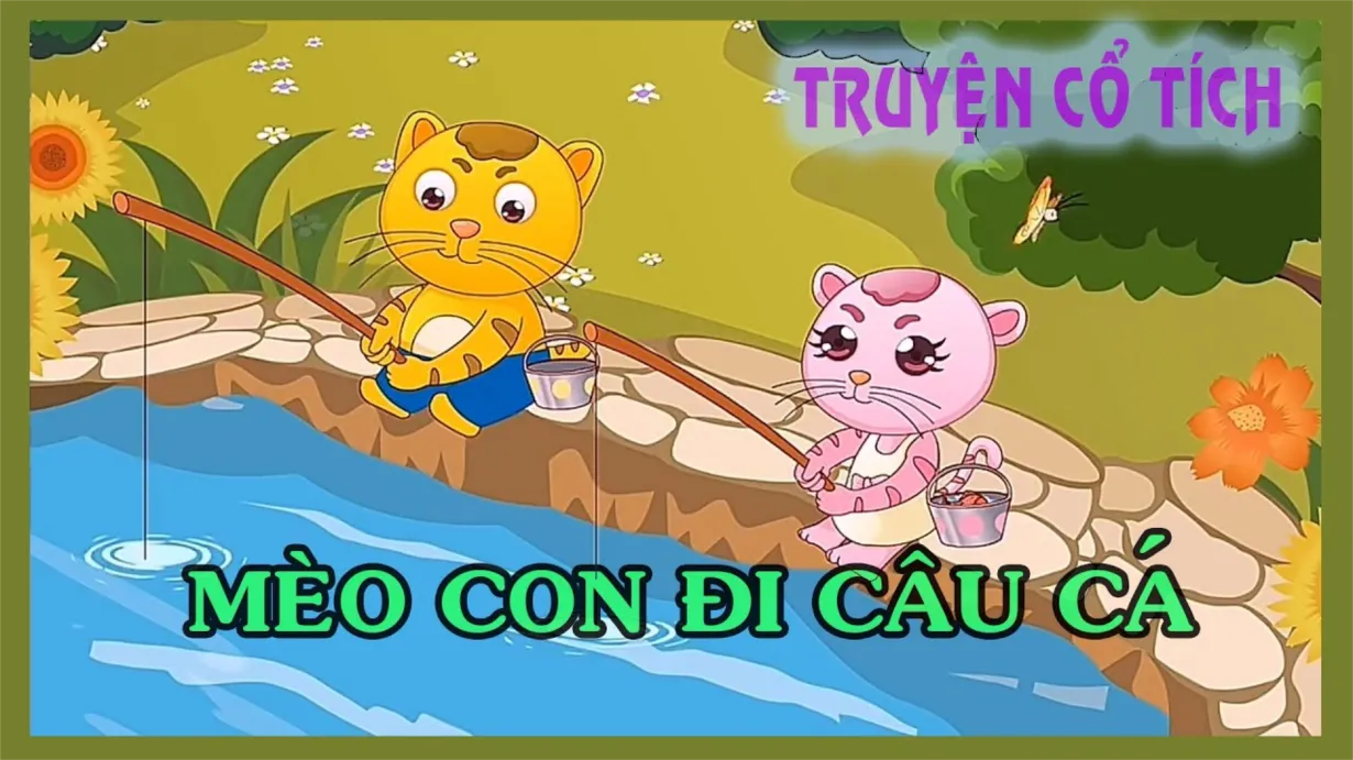 Mèo mẹ và mèo con cùng câu cá bên bờ sông trong buổi sáng nắng đẹp